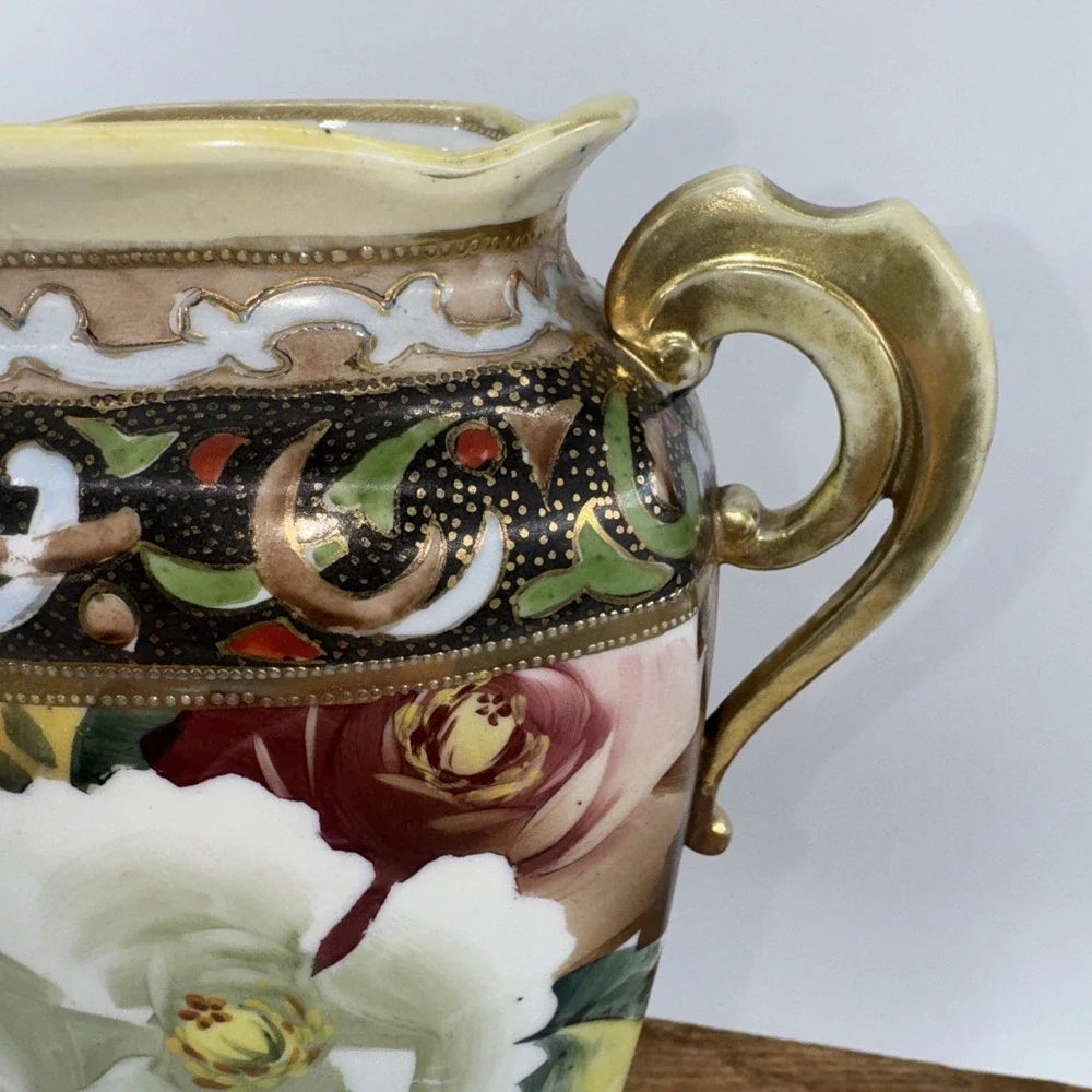 Vase Antique Nippon‎ Hand-Painted Porcelain w/Double Handle Floral Gold Gilt